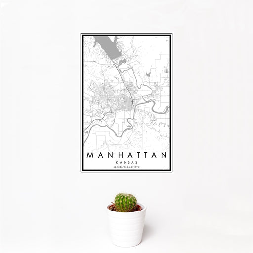 12x18 Manhattan Kansas Map Print Portrait Orientation in Classic Style With Small Cactus Plant in White Planter