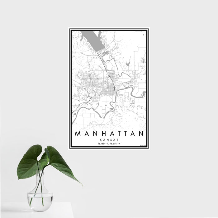 16x24 Manhattan Kansas Map Print Portrait Orientation in Classic Style With Tropical Plant Leaves in Water