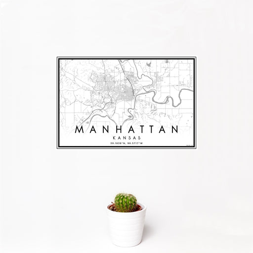 12x18 Manhattan Kansas Map Print Landscape Orientation in Classic Style With Small Cactus Plant in White Planter