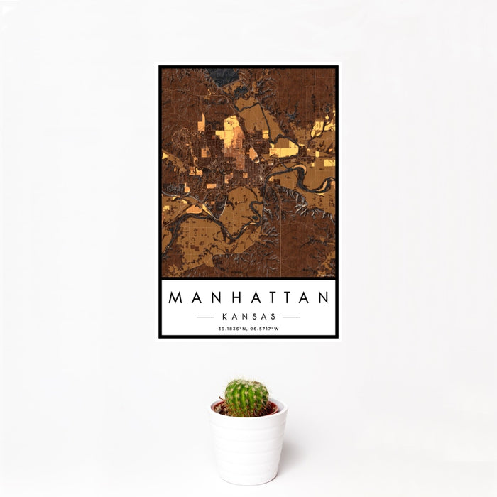 12x18 Manhattan Kansas Map Print Portrait Orientation in Ember Style With Small Cactus Plant in White Planter