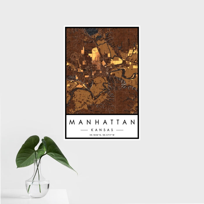 16x24 Manhattan Kansas Map Print Portrait Orientation in Ember Style With Tropical Plant Leaves in Water