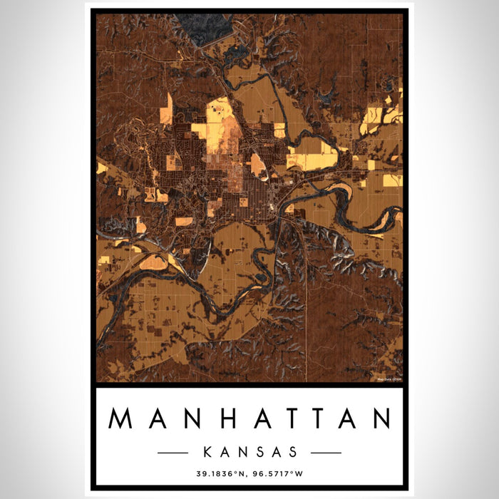Manhattan Kansas Map Print Portrait Orientation in Ember Style With Shaded Background