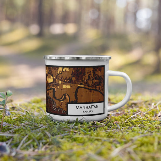 Right View Custom Manhattan Kansas Map Enamel Mug in Ember on Grass With Trees in Background