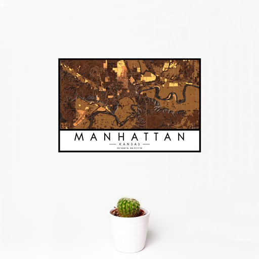 12x18 Manhattan Kansas Map Print Landscape Orientation in Ember Style With Small Cactus Plant in White Planter
