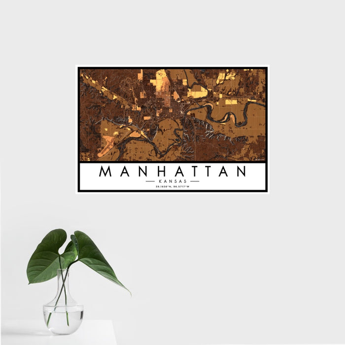 16x24 Manhattan Kansas Map Print Landscape Orientation in Ember Style With Tropical Plant Leaves in Water