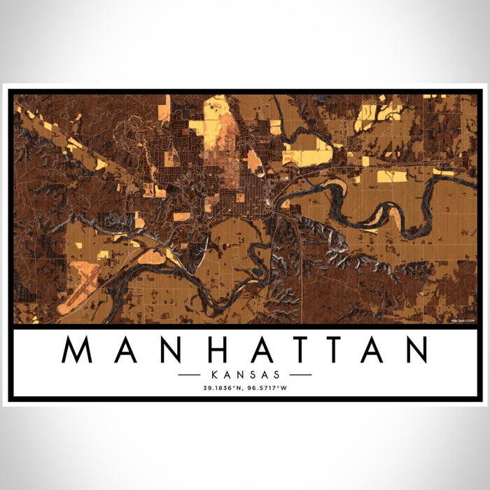 Manhattan Kansas Map Print Landscape Orientation in Ember Style With Shaded Background