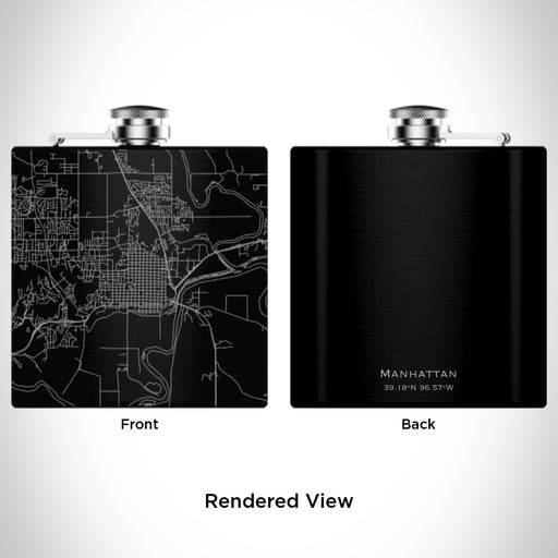 Rendered View of Manhattan Kansas Map Engraving on 6oz Stainless Steel Flask in Black