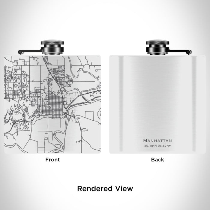 Rendered View of Manhattan Kansas Map Engraving on 6oz Stainless Steel Flask in White