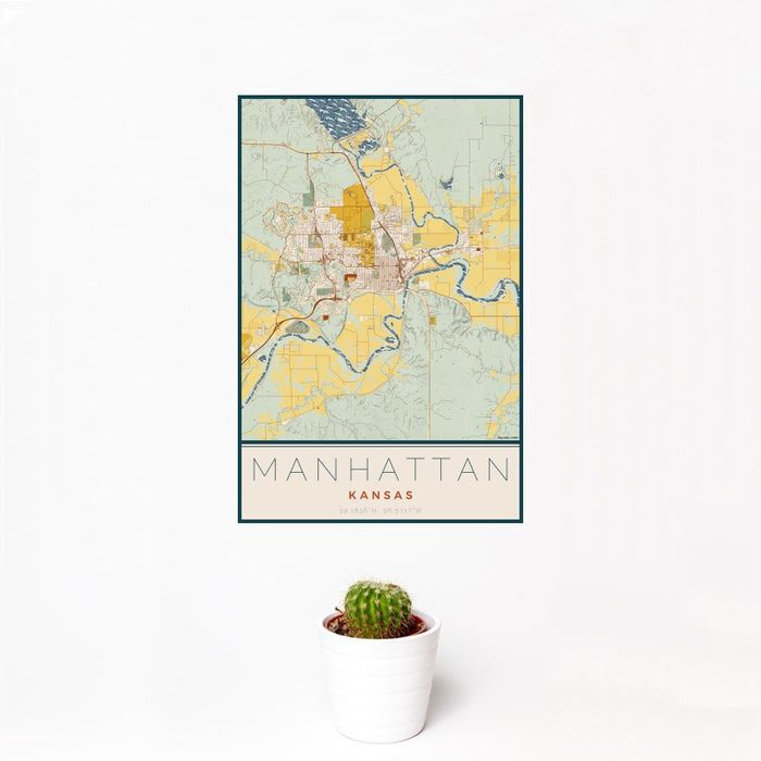 12x18 Manhattan Kansas Map Print Portrait Orientation in Woodblock Style With Small Cactus Plant in White Planter