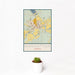 12x18 Manhattan Kansas Map Print Portrait Orientation in Woodblock Style With Small Cactus Plant in White Planter