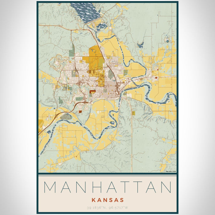 Manhattan Kansas Map Print Portrait Orientation in Woodblock Style With Shaded Background