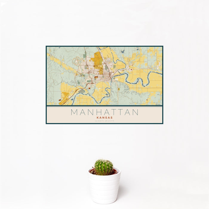 12x18 Manhattan Kansas Map Print Landscape Orientation in Woodblock Style With Small Cactus Plant in White Planter