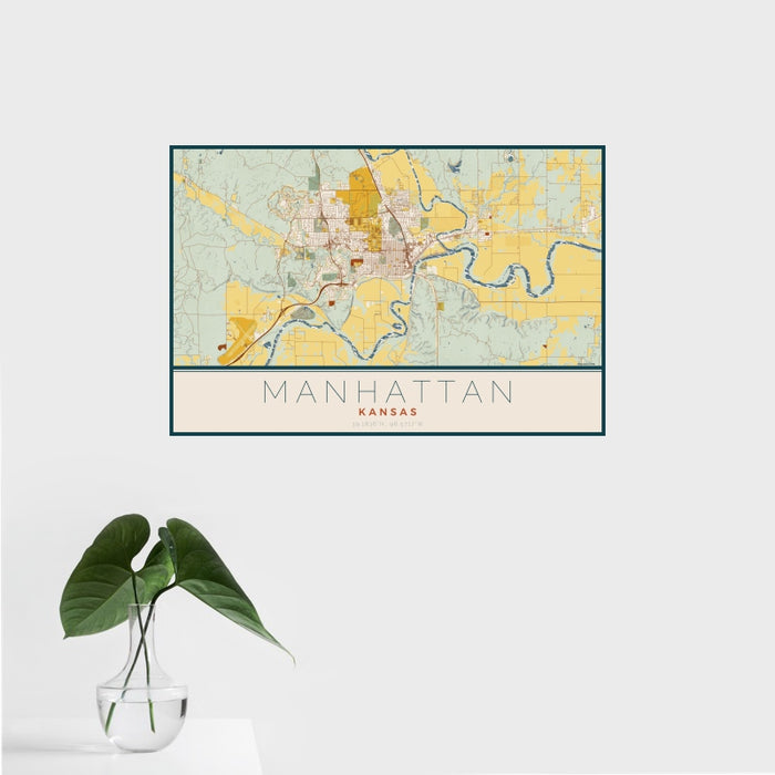 16x24 Manhattan Kansas Map Print Landscape Orientation in Woodblock Style With Tropical Plant Leaves in Water