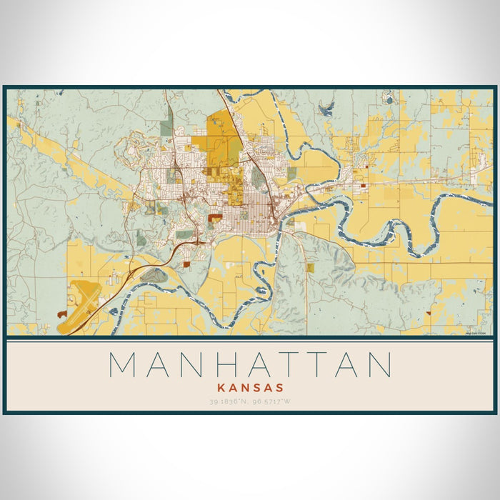 Manhattan Kansas Map Print Landscape Orientation in Woodblock Style With Shaded Background