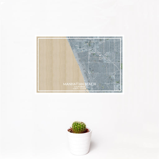 12x18 Manhattan Beach California Map Print Landscape Orientation in Afternoon Style With Small Cactus Plant in White Planter