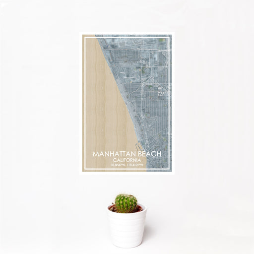 12x18 Manhattan Beach California Map Print Portrait Orientation in Afternoon Style With Small Cactus Plant in White Planter
