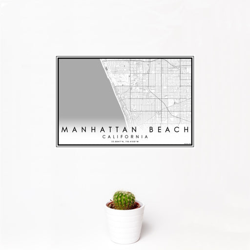12x18 Manhattan Beach California Map Print Landscape Orientation in Classic Style With Small Cactus Plant in White Planter