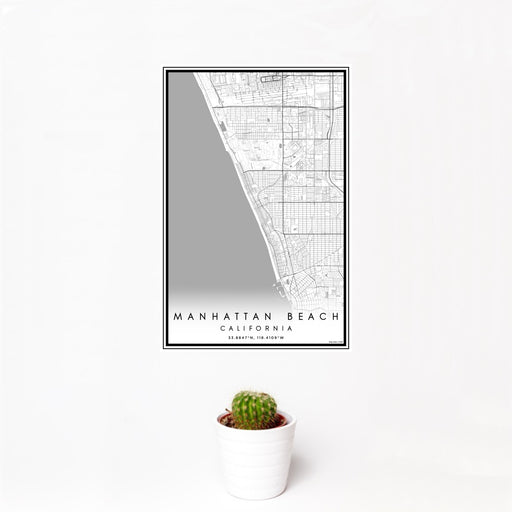 12x18 Manhattan Beach California Map Print Portrait Orientation in Classic Style With Small Cactus Plant in White Planter