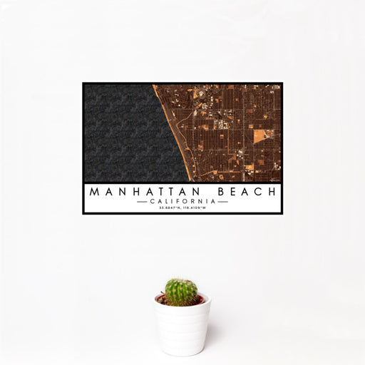 12x18 Manhattan Beach California Map Print Landscape Orientation in Ember Style With Small Cactus Plant in White Planter