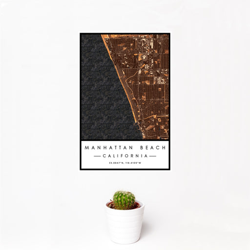 12x18 Manhattan Beach California Map Print Portrait Orientation in Ember Style With Small Cactus Plant in White Planter