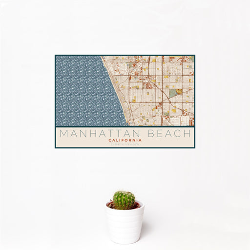 12x18 Manhattan Beach California Map Print Landscape Orientation in Woodblock Style With Small Cactus Plant in White Planter