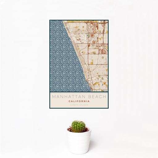 12x18 Manhattan Beach California Map Print Portrait Orientation in Woodblock Style With Small Cactus Plant in White Planter