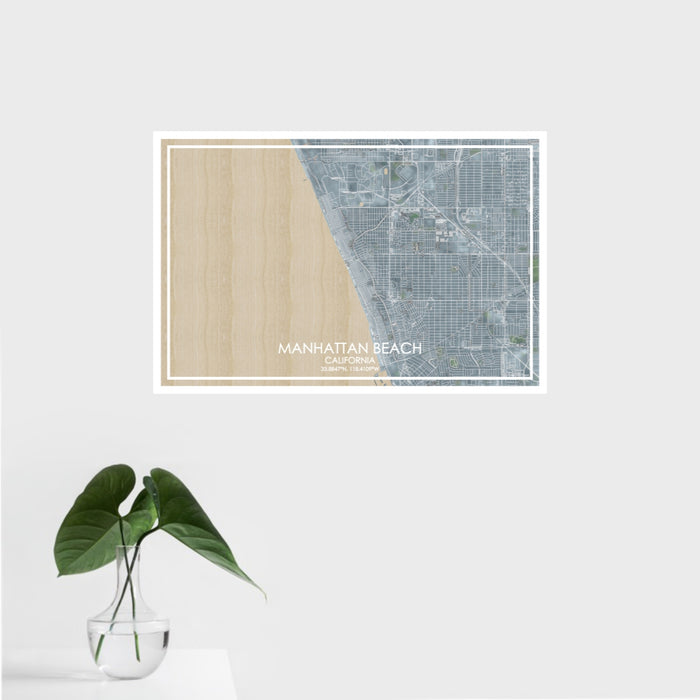 16x24 Manhattan Beach California Map Print Landscape Orientation in Afternoon Style With Tropical Plant Leaves in Water