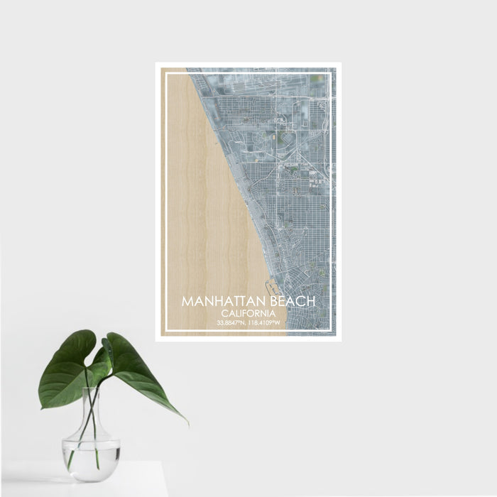 16x24 Manhattan Beach California Map Print Portrait Orientation in Afternoon Style With Tropical Plant Leaves in Water