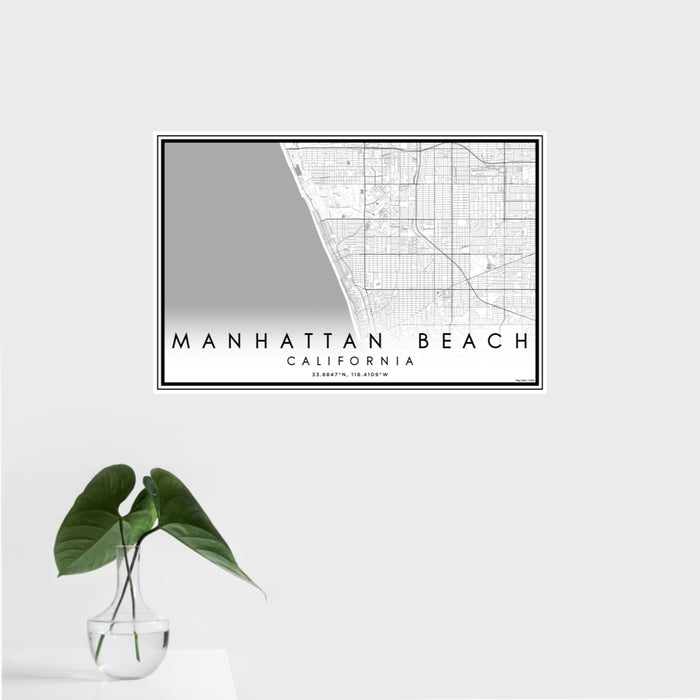 16x24 Manhattan Beach California Map Print Landscape Orientation in Classic Style With Tropical Plant Leaves in Water