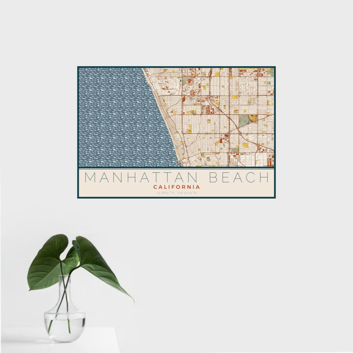 16x24 Manhattan Beach California Map Print Landscape Orientation in Woodblock Style With Tropical Plant Leaves in Water