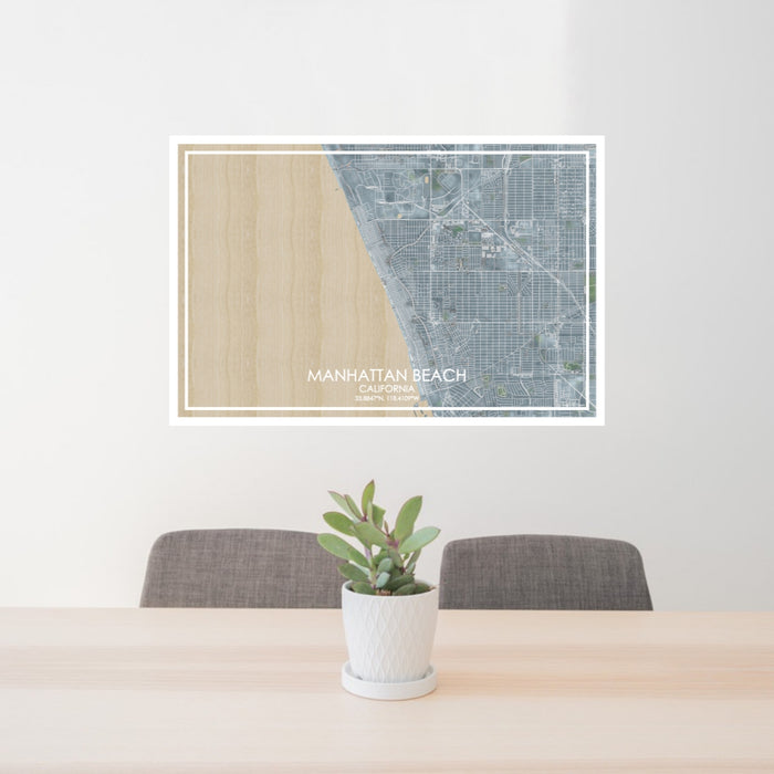 24x36 Manhattan Beach California Map Print Lanscape Orientation in Afternoon Style Behind 2 Chairs Table and Potted Plant