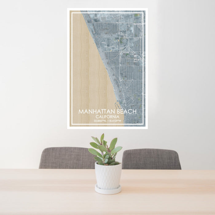 24x36 Manhattan Beach California Map Print Portrait Orientation in Afternoon Style Behind 2 Chairs Table and Potted Plant