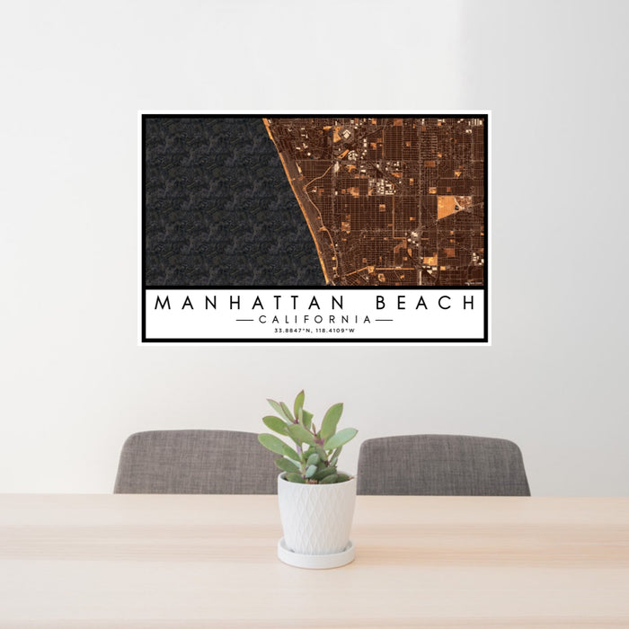 24x36 Manhattan Beach California Map Print Lanscape Orientation in Ember Style Behind 2 Chairs Table and Potted Plant