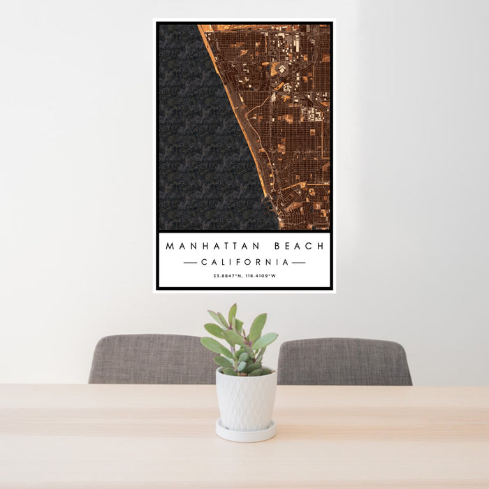 24x36 Manhattan Beach California Map Print Portrait Orientation in Ember Style Behind 2 Chairs Table and Potted Plant