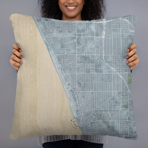 Person holding 22x22 Custom Manhattan Beach California Map Throw Pillow in Afternoon