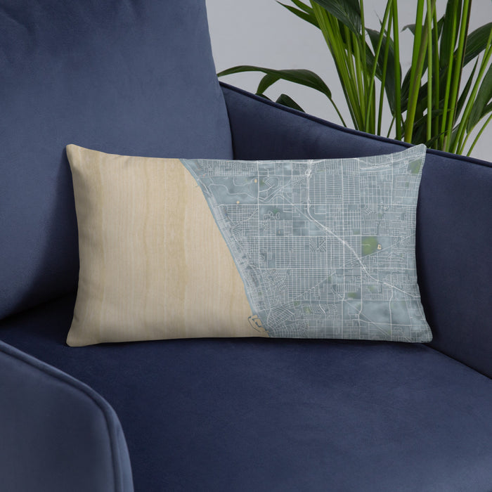 Custom Manhattan Beach California Map Throw Pillow in Afternoon on Blue Colored Chair