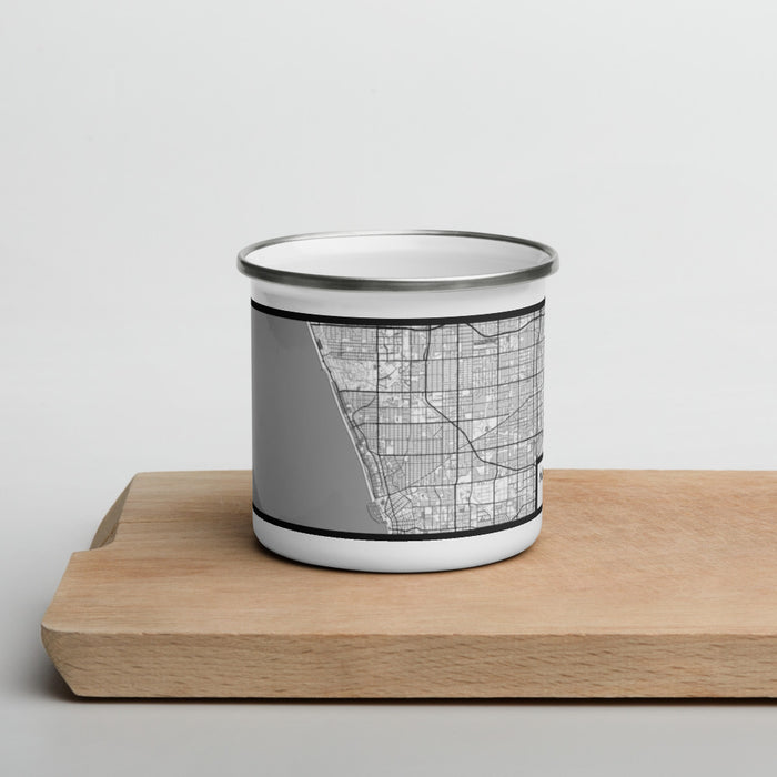 Front View Custom Manhattan Beach California Map Enamel Mug in Classic on Cutting Board