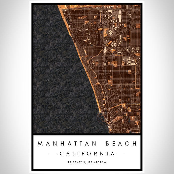 Manhattan Beach California Map Print Portrait Orientation in Ember Style With Shaded Background