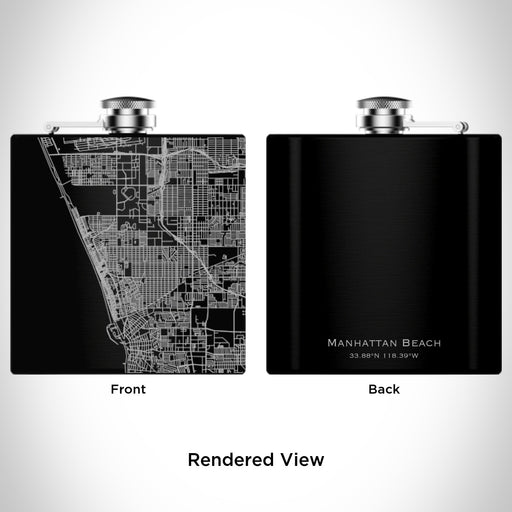 Rendered View of Manhattan Beach California Map Engraving on 6oz Stainless Steel Flask in Black