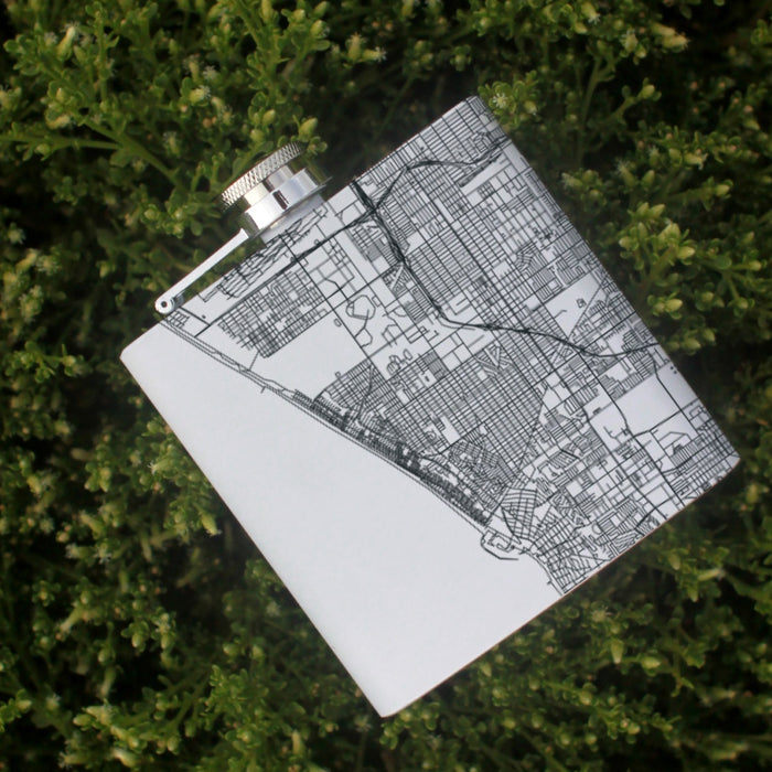 Manhattan Beach California Custom Engraved City Map Inscription Coordinates on 6oz Stainless Steel Flask in White