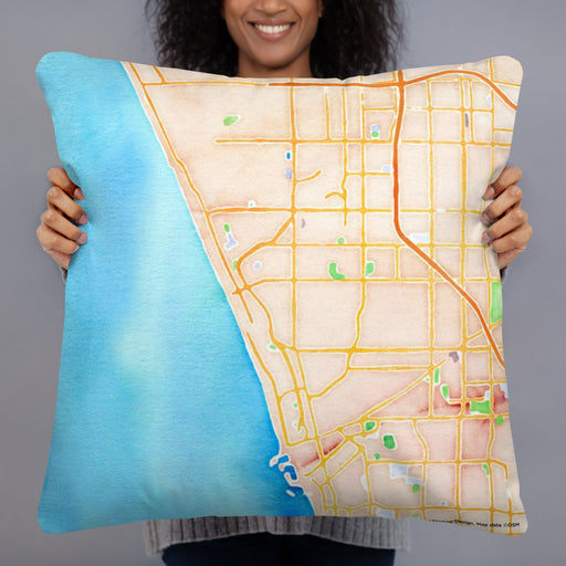 Person holding 22x22 Custom Manhattan Beach California Map Throw Pillow in Watercolor