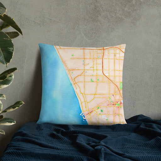 Custom Manhattan Beach California Map Throw Pillow in Watercolor on Bedding Against Wall