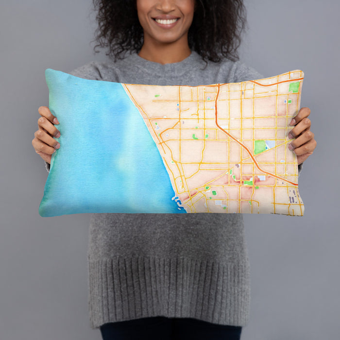 Person holding 20x12 Custom Manhattan Beach California Map Throw Pillow in Watercolor
