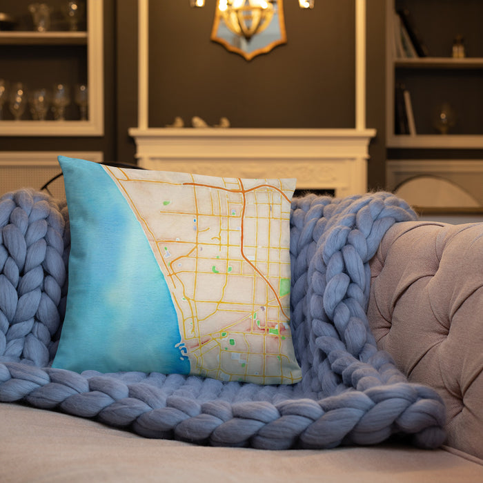 Custom Manhattan Beach California Map Throw Pillow in Watercolor on Cream Colored Couch