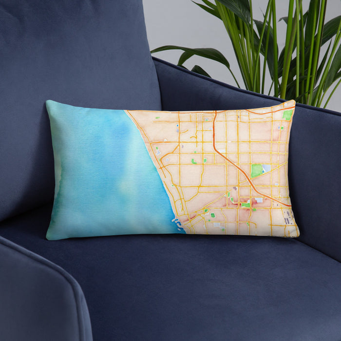 Custom Manhattan Beach California Map Throw Pillow in Watercolor on Blue Colored Chair