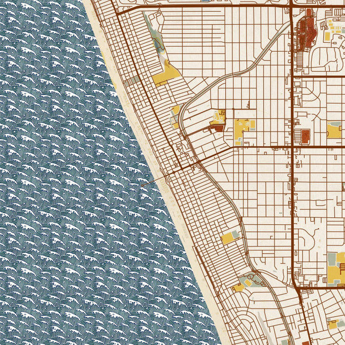 Manhattan Beach California Map Print in Woodblock Style Zoomed In Close Up Showing Details