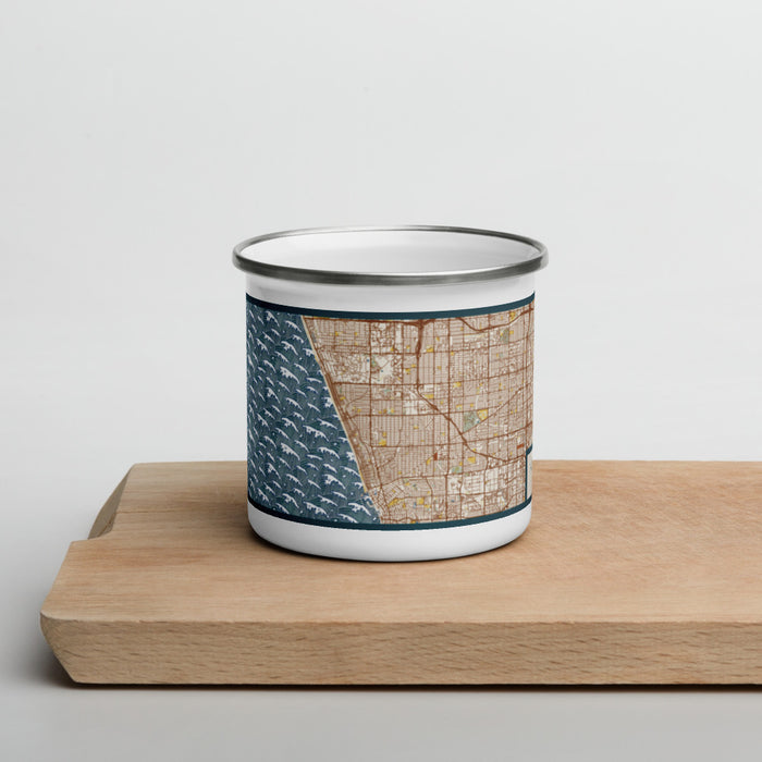 Front View Custom Manhattan Beach California Map Enamel Mug in Woodblock on Cutting Board