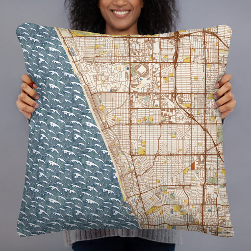 Person holding 22x22 Custom Manhattan Beach California Map Throw Pillow in Woodblock