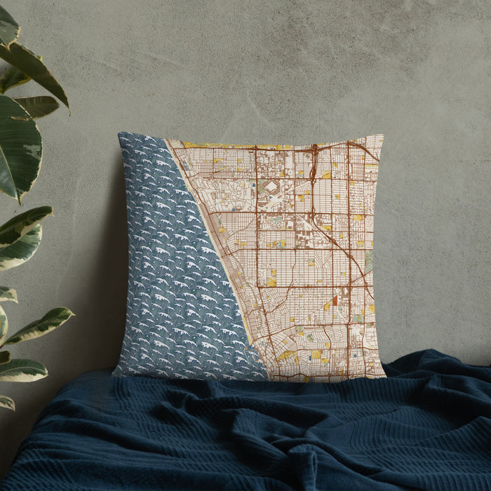 Custom Manhattan Beach California Map Throw Pillow in Woodblock on Bedding Against Wall