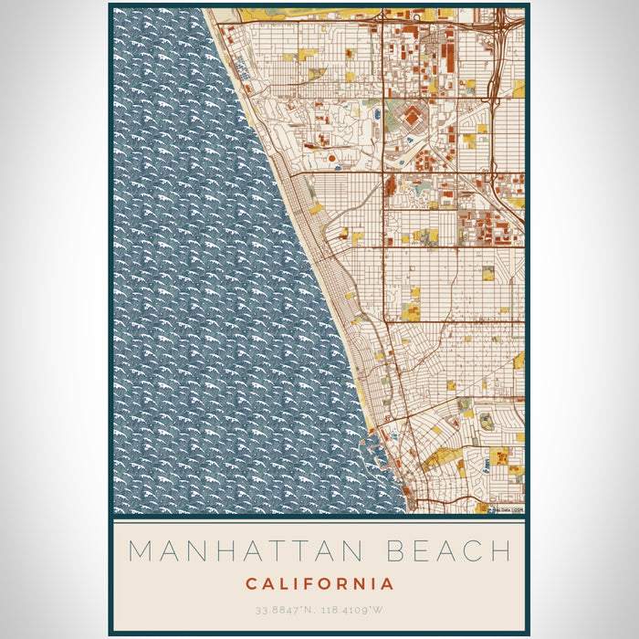 Manhattan Beach California Map Print Portrait Orientation in Woodblock Style With Shaded Background